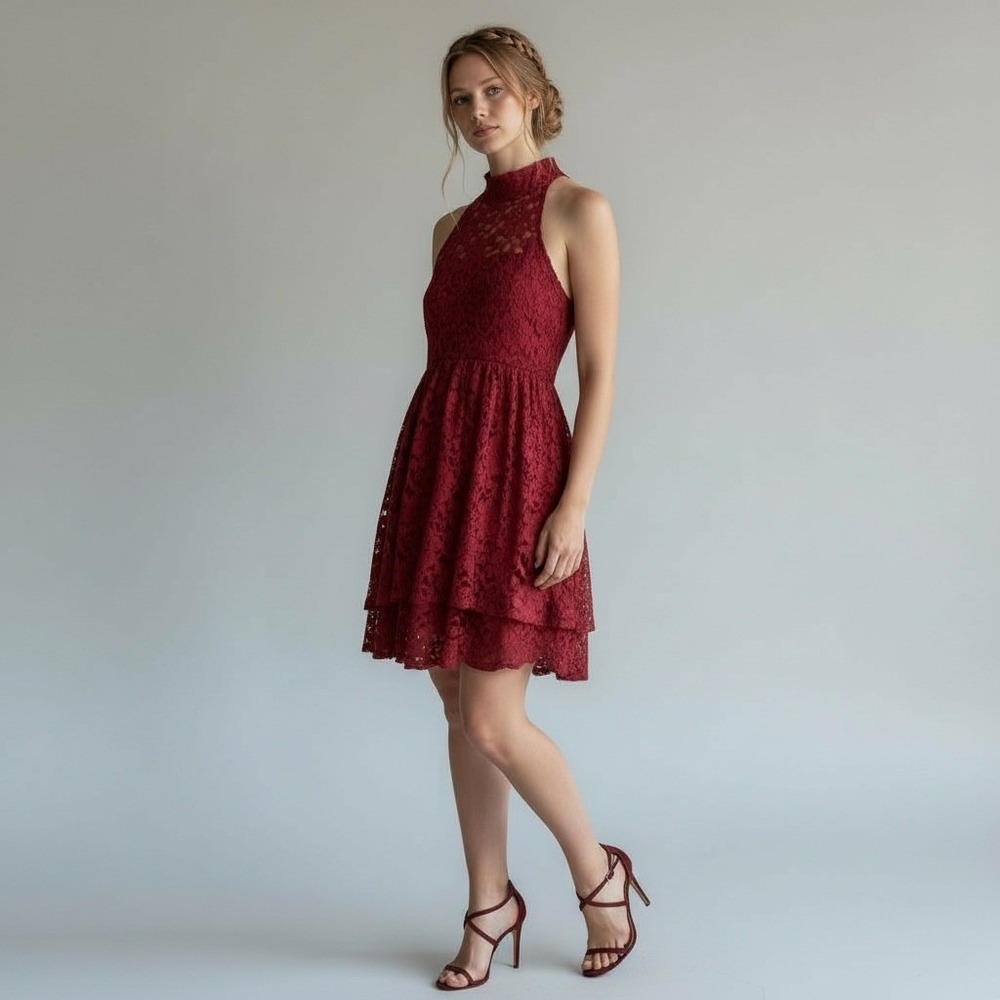 Anama` High Neck Halter Mini Cocktail Lace Dress Medium Wedding Guest Holiday
